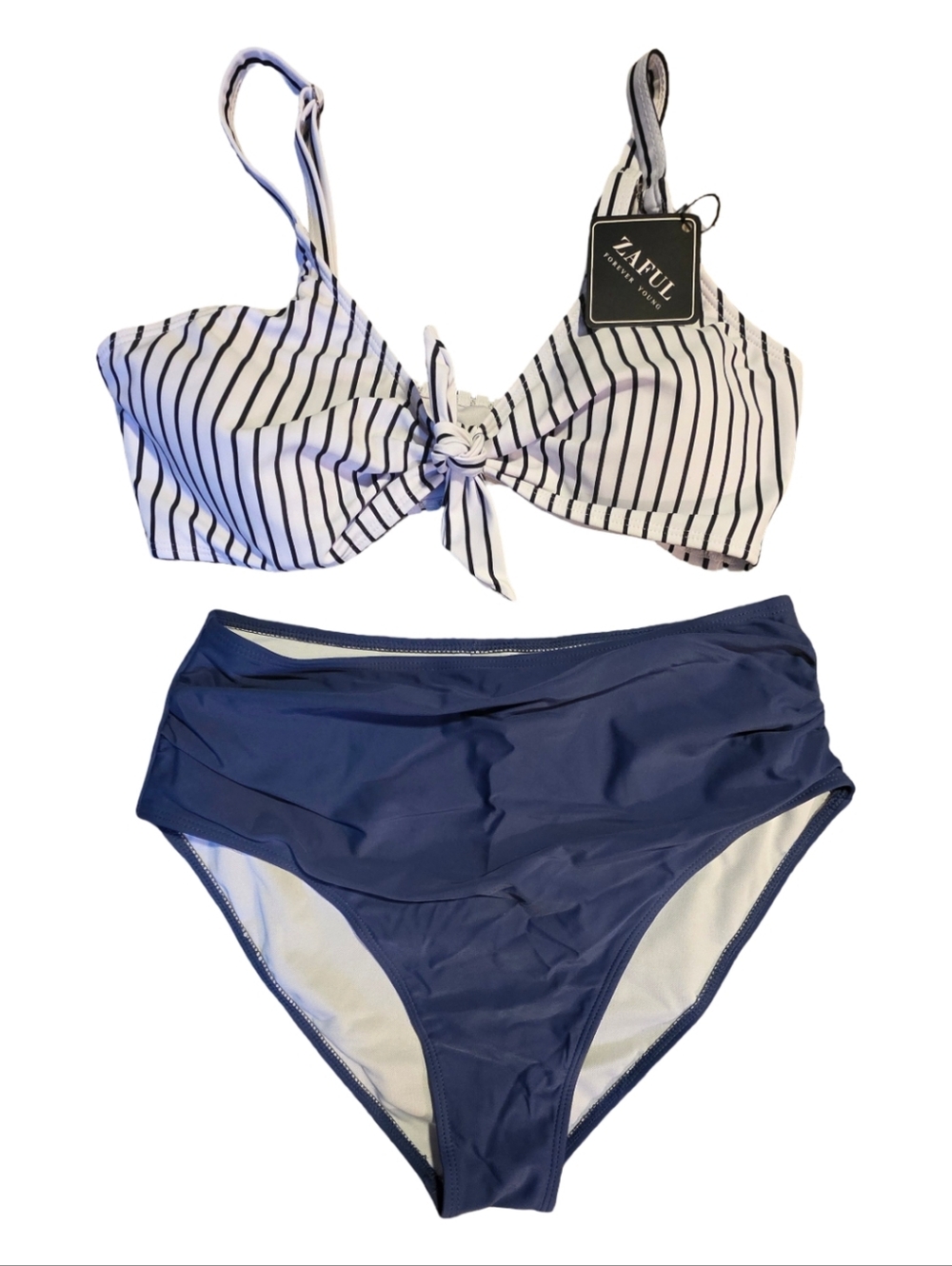 ZAFUL Navy High-Waist Bikini Bottoms with White and Black Striped Knot Top Sz L